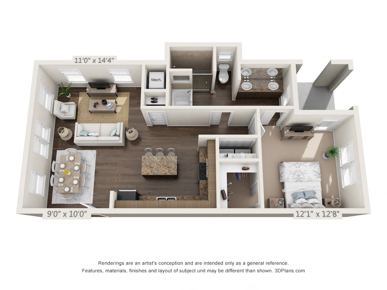 Floor plan for 1 bed, 1 bath, 847 sqft